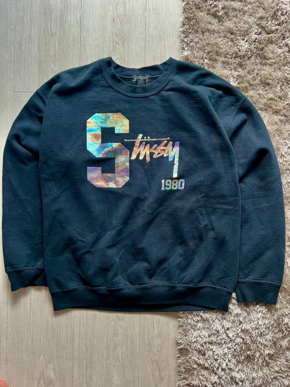 Vtg Y2K Stussy Big S 1980 Holographic Holo Crewneck Pullover Sweater Men’s Large